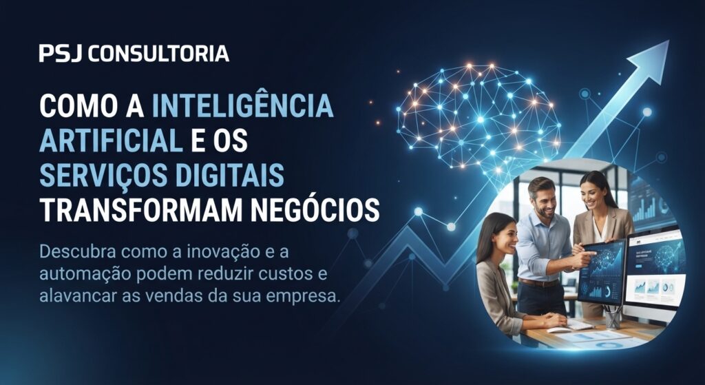Representação gráfica de cérebro digital e serviços de IA para empresas da PSJ Consultoria.